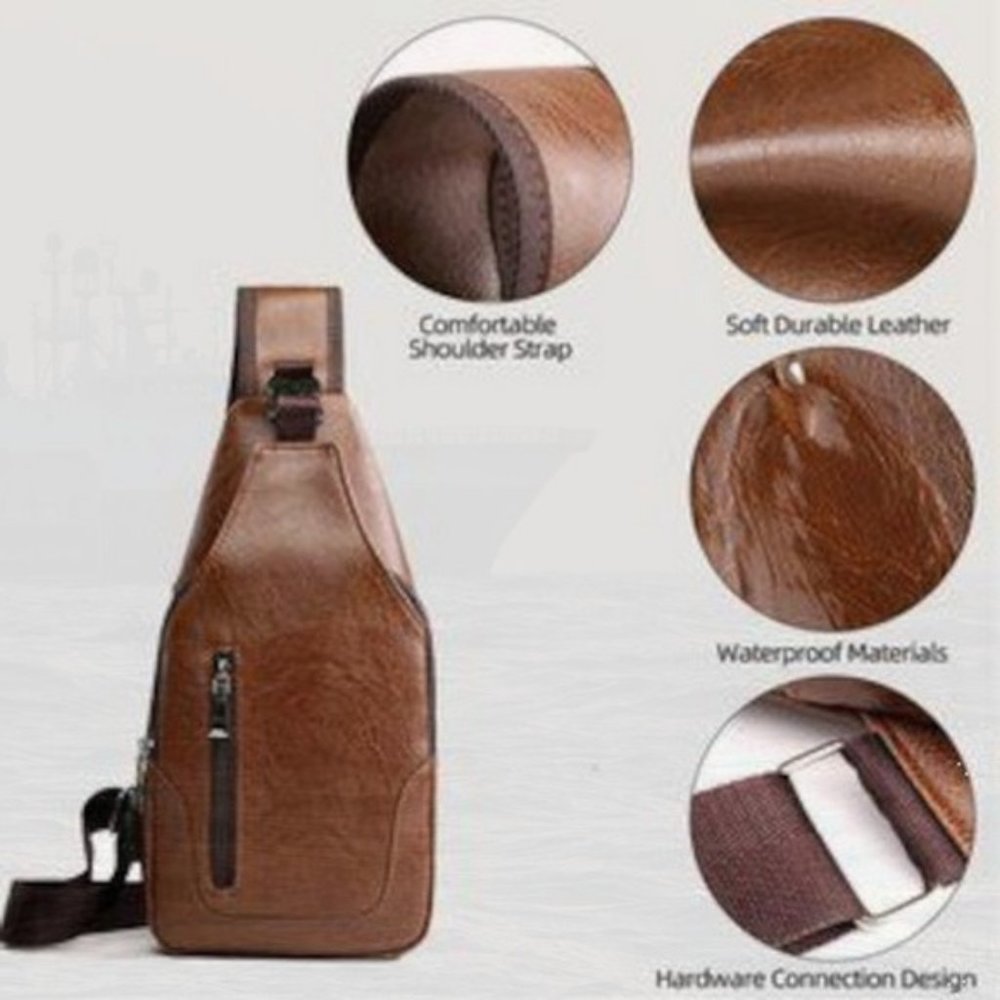 New Chest Bag with USB Charge Port Brown 247 - Picture 3 of 3